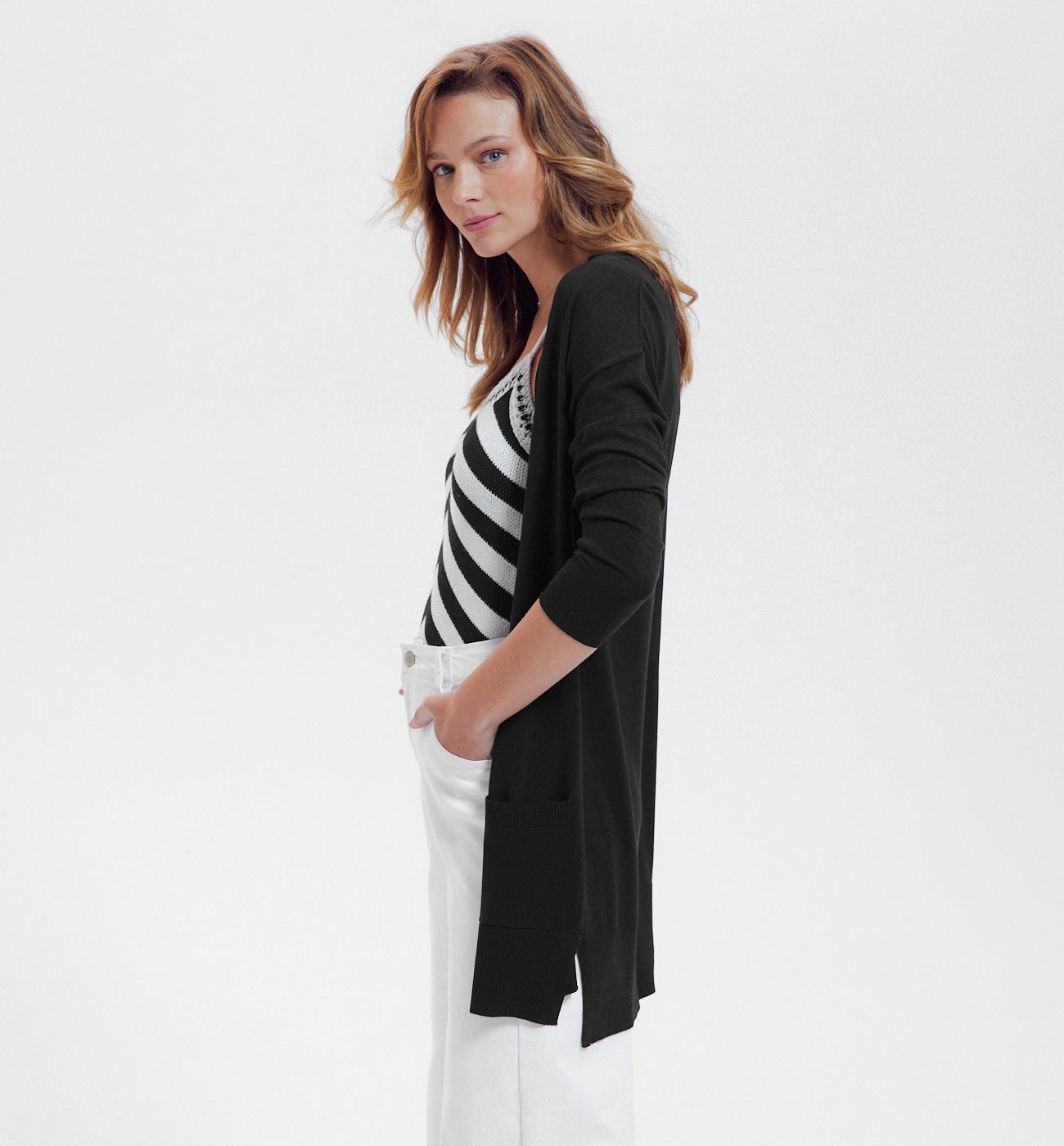 Long gilet en maille fine - Noir