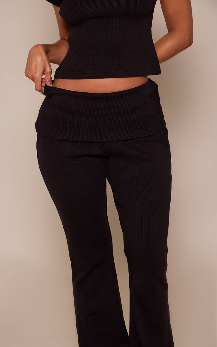 Noir Pantalon Évasé Côtelé Petite Taille Avec Ceinture Repliable
