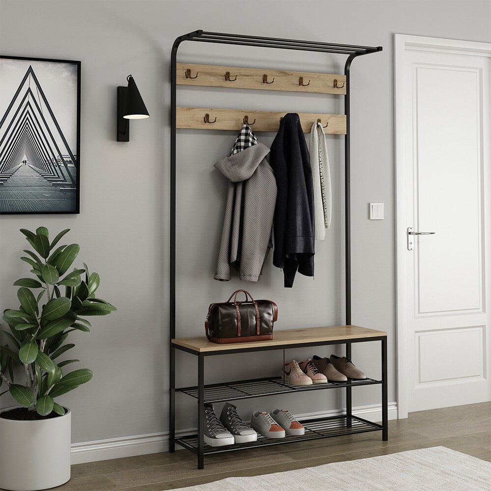 Vicco Garderobe Fyrk, 100 x 190 cm, Eiche Schwarz, Ablage, Bank & Schuhregal, Industrial