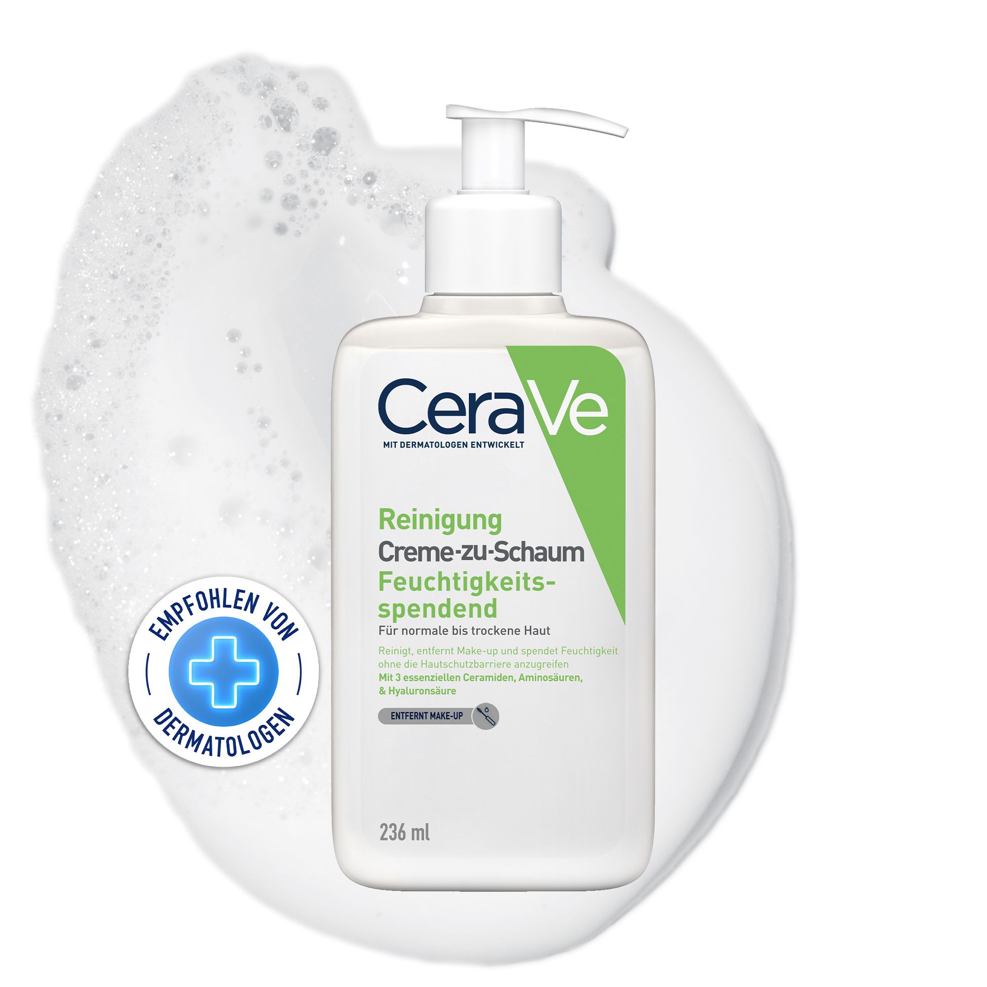 CeraVe Creme-zu-Schaum Reinigung für normale bis trockene Haut, Gesichtsreinigung & Make-up-Entferner, mit 3 essenziellen Ceramiden & Hyaluron
