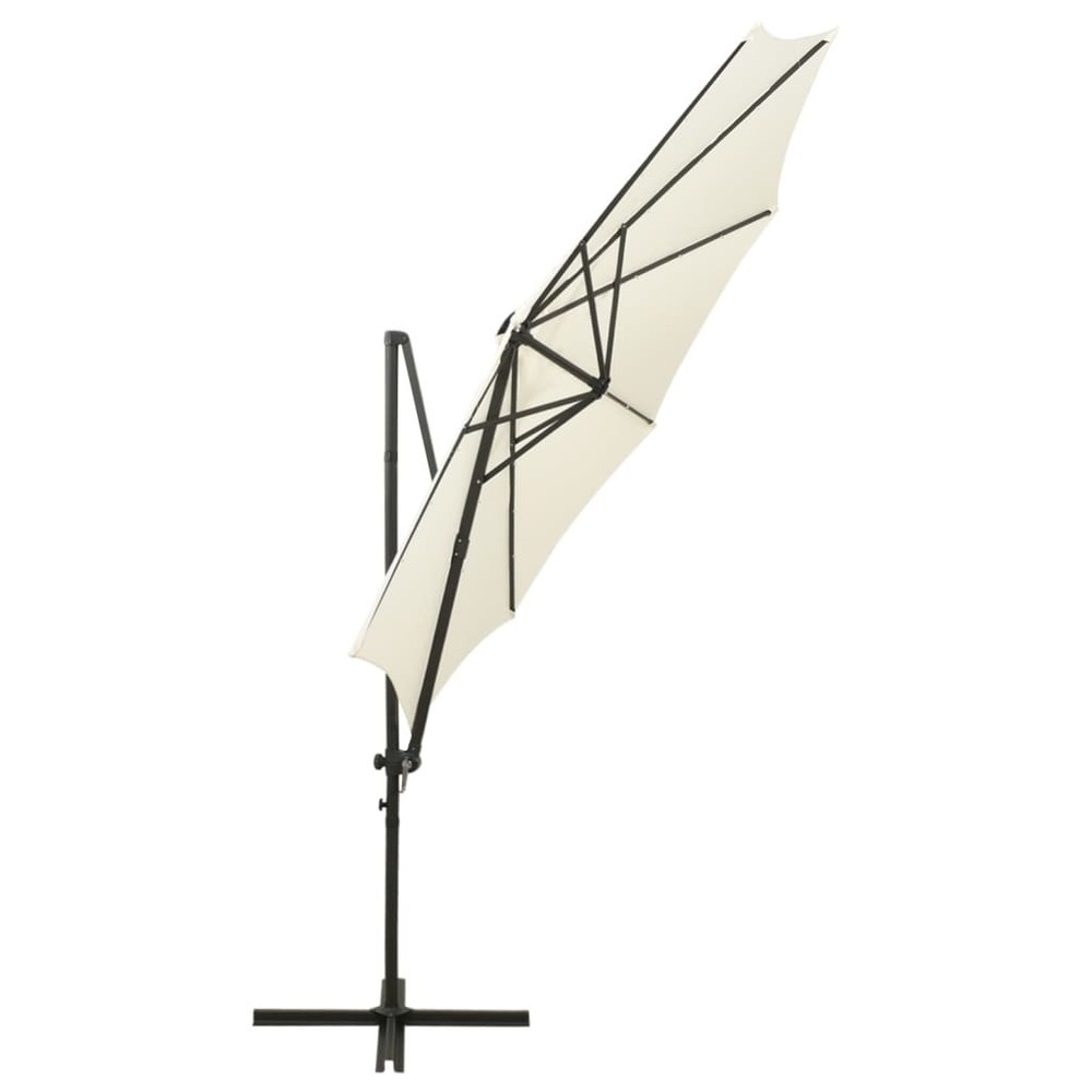 Parasol meuble de jardin déporté avec mât et lumières led sable 300 cm