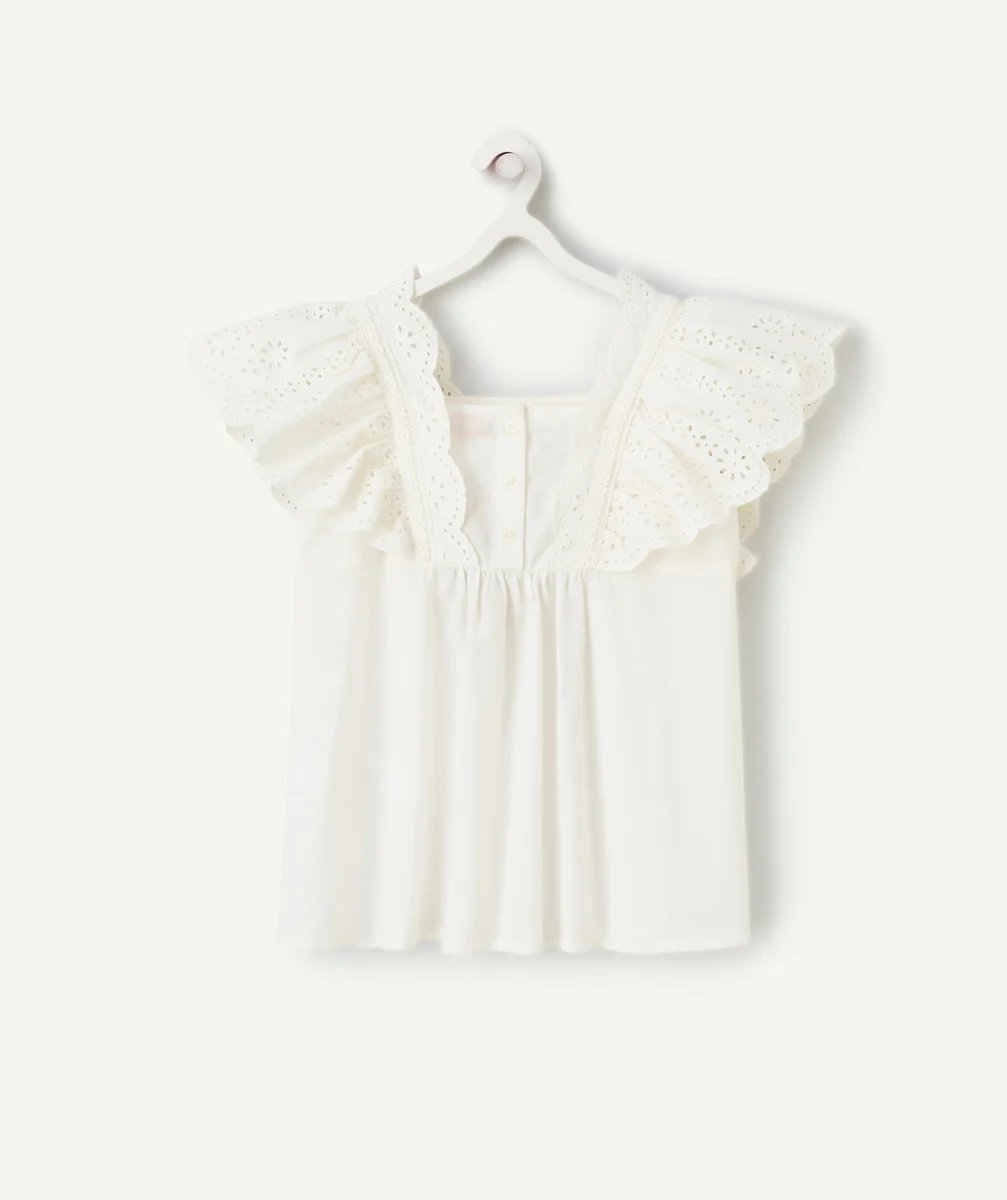 CHEMISE MANCHES COURTES FILLE ÉCRUE AVEC BRODERIES ET VOLANTS