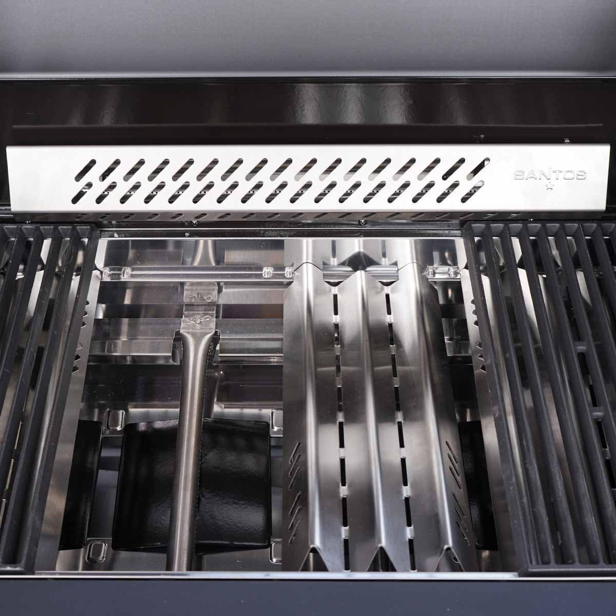 SANTOS S-418 Pro - All Black Edelstahl-Gasgrill - 4 Brenner - Infrarot Seitenbrenner - Heckbrenner - XXL Warmhalterost - Beleuchtung - Top Isolierung