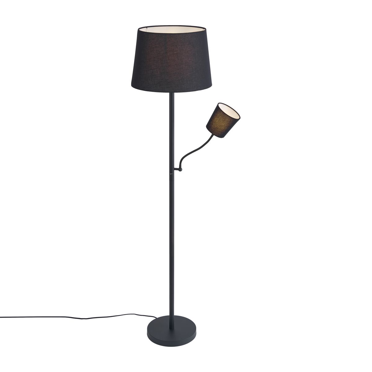 Klassieke vloerlamp zwart met zwarte kap en leeslampje - Retro