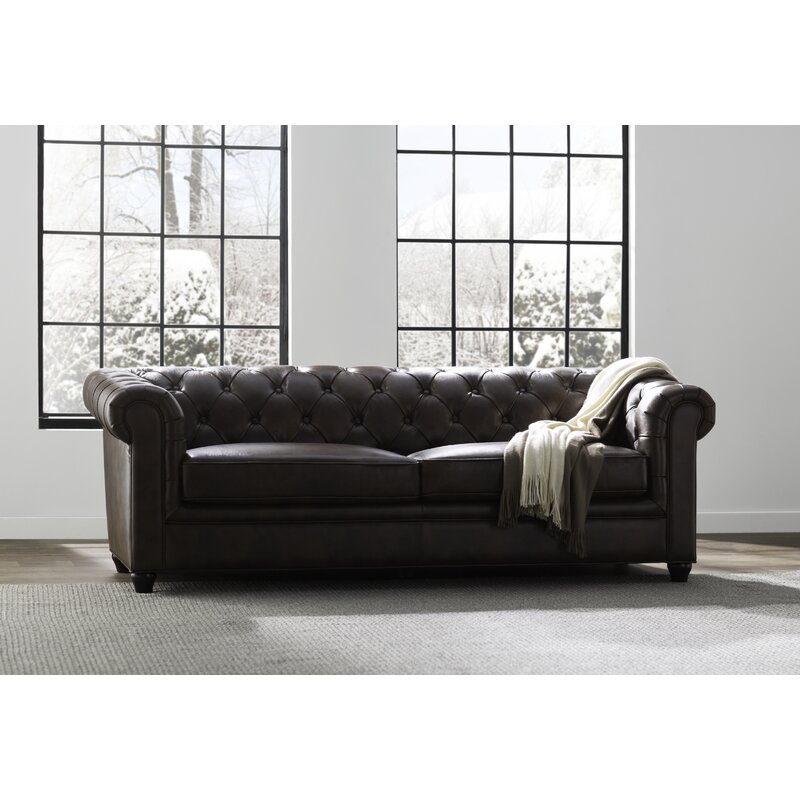 Owen 84&rdquo; Genuine Leather Rolled Arm Chesterfield Sofa