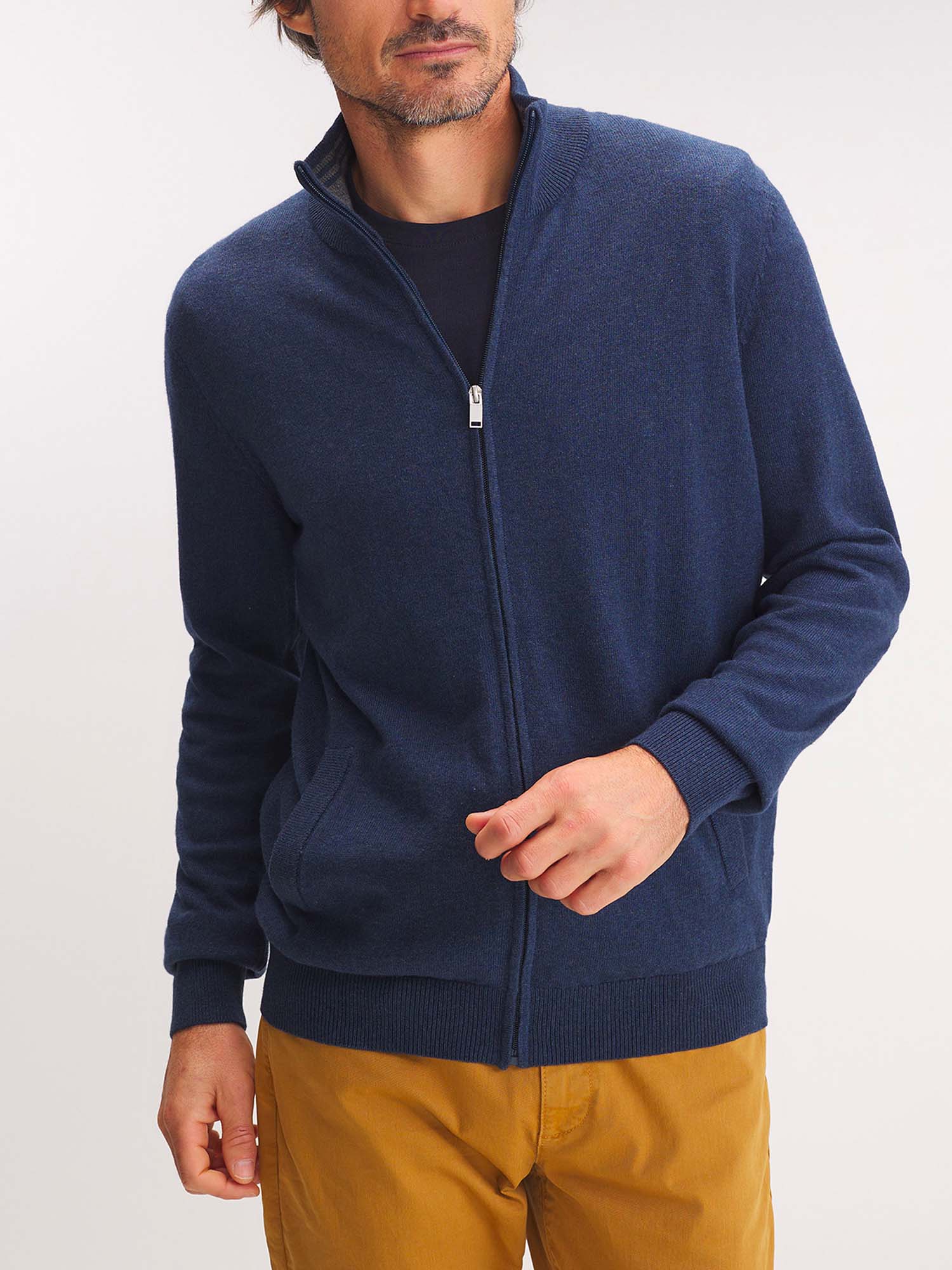 Gilet Homme Zippé Laine Coton Bleu