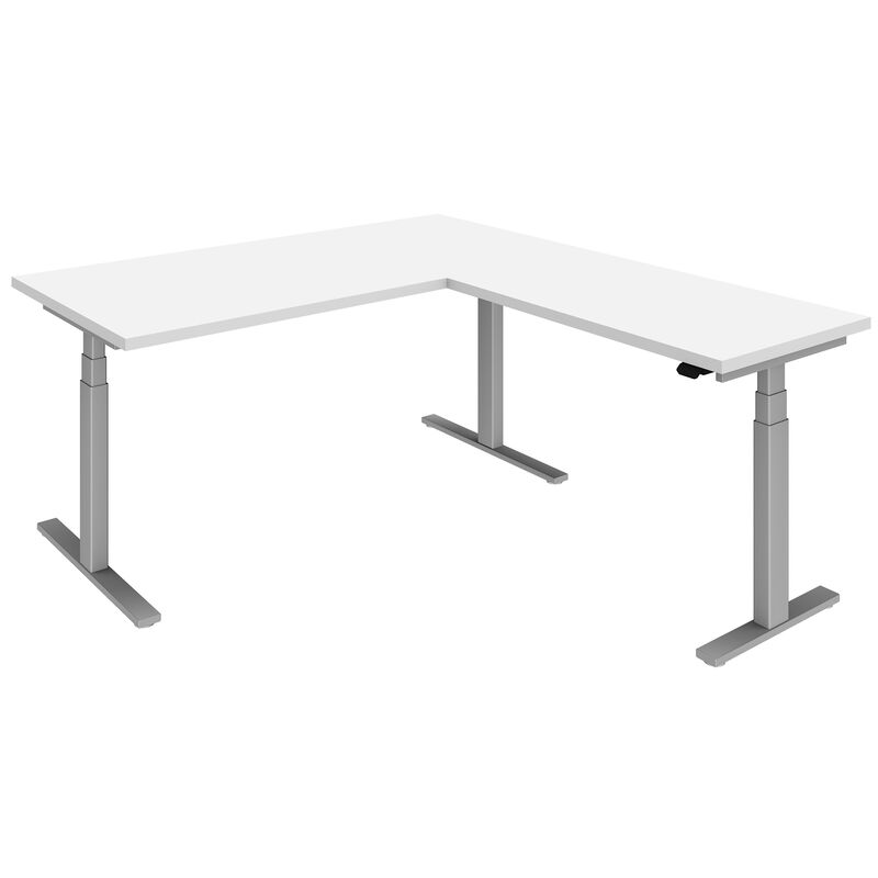 Elektrisch höhenverstellbarer Eckschreibtisch LINUS+, Gestellfarbe alu, 160 x 180 cm, weiss