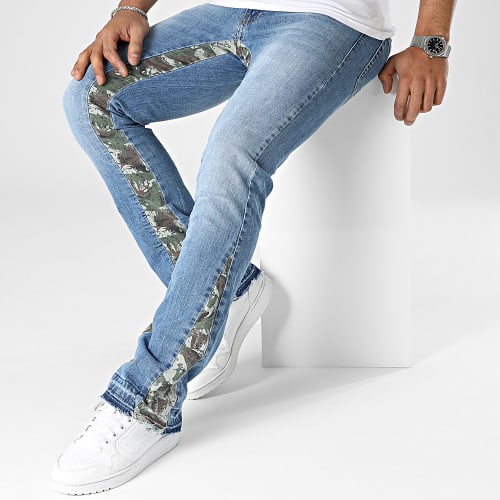 Jean Regular A Bandes Camouflage Bleu Denim