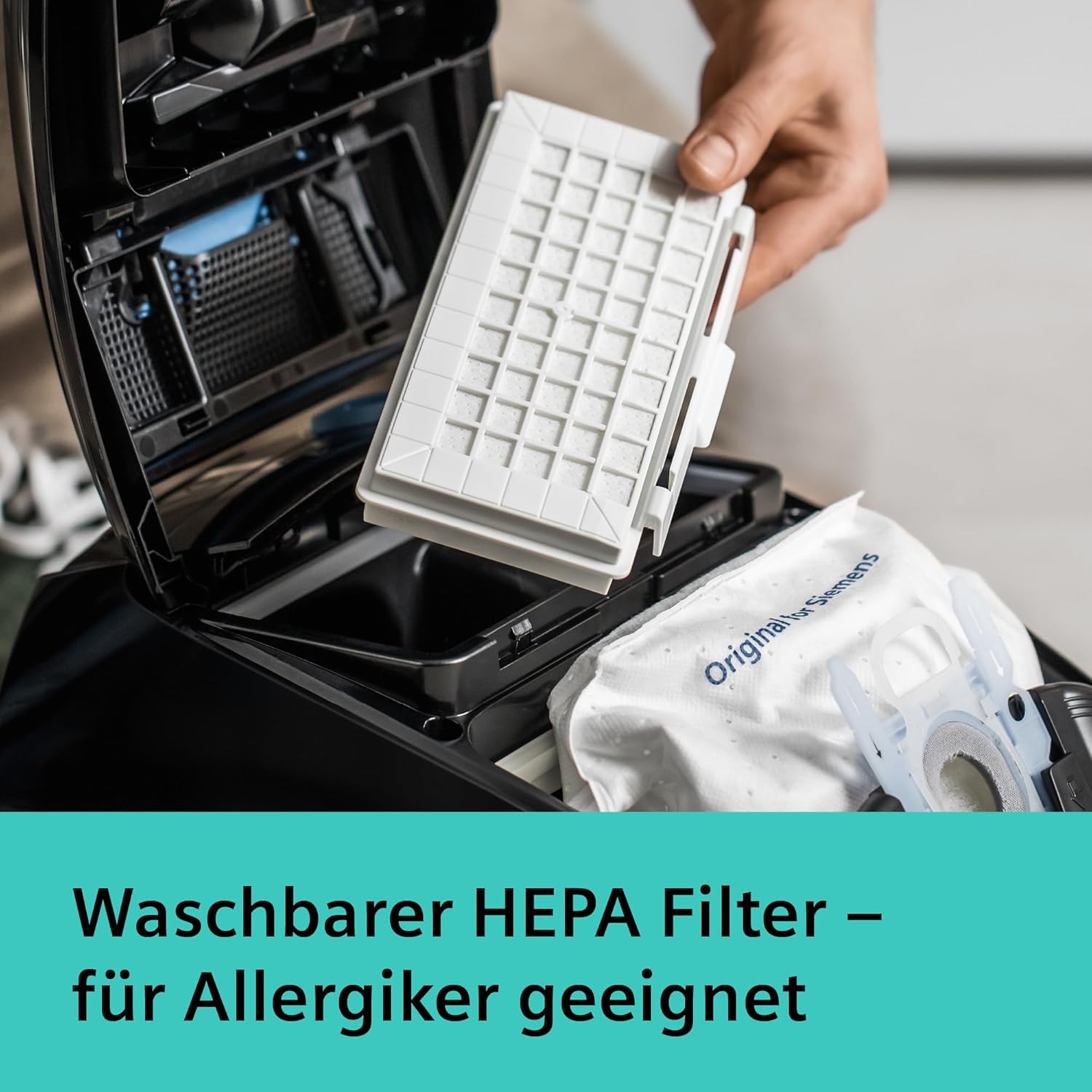 Siemens Staubsauger mit Beutel Q5.0 Extreme silencePower VSQ5X1232, für Allergiker, Hygiene-Filter, Starke Saugleistung: Parkett, Teppich, Fliesen, langes Kabel, Made in Germany, 850 W, schwarz