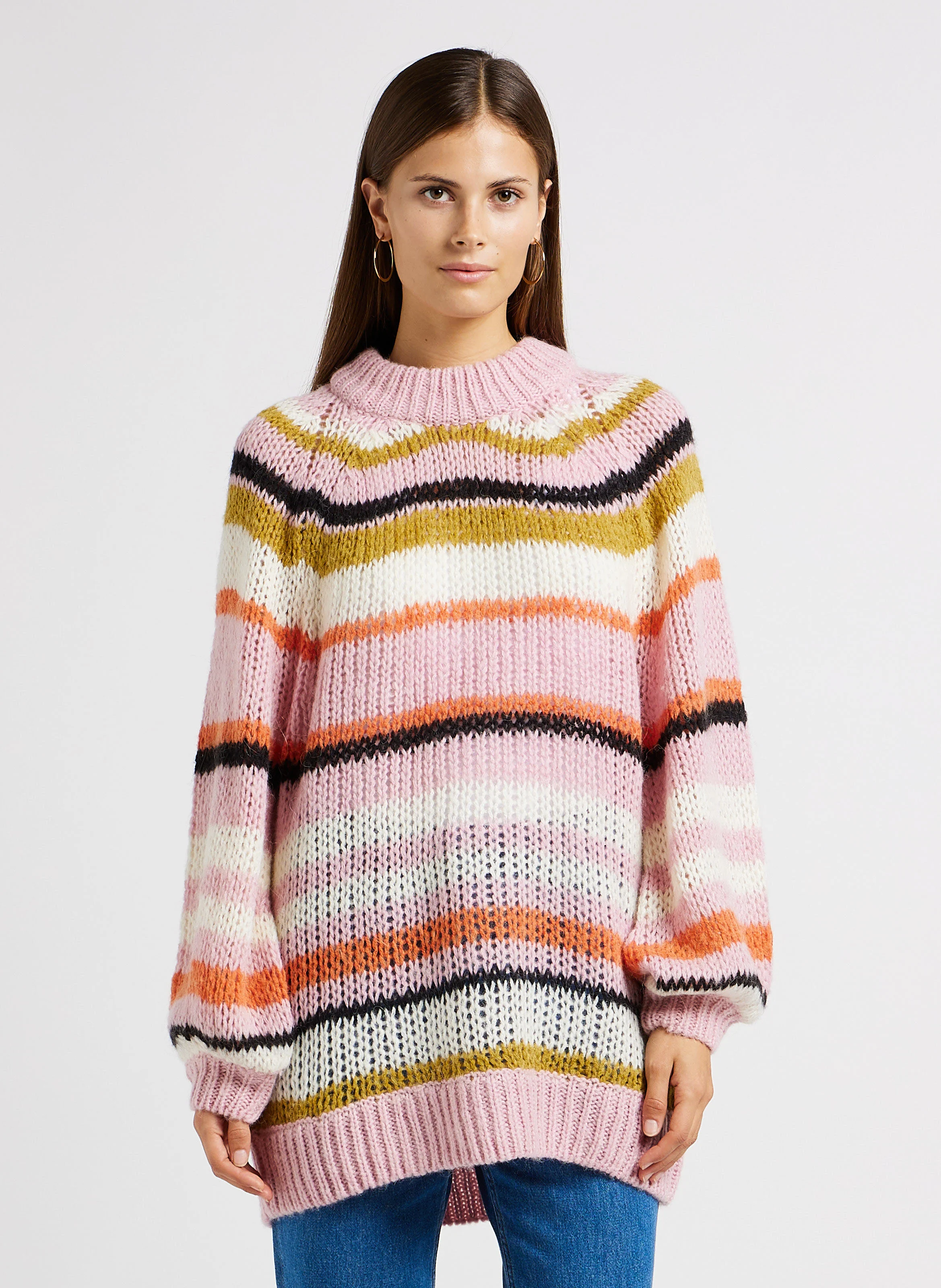 ATHENA - Pull-over long en maille tricotée | Rose