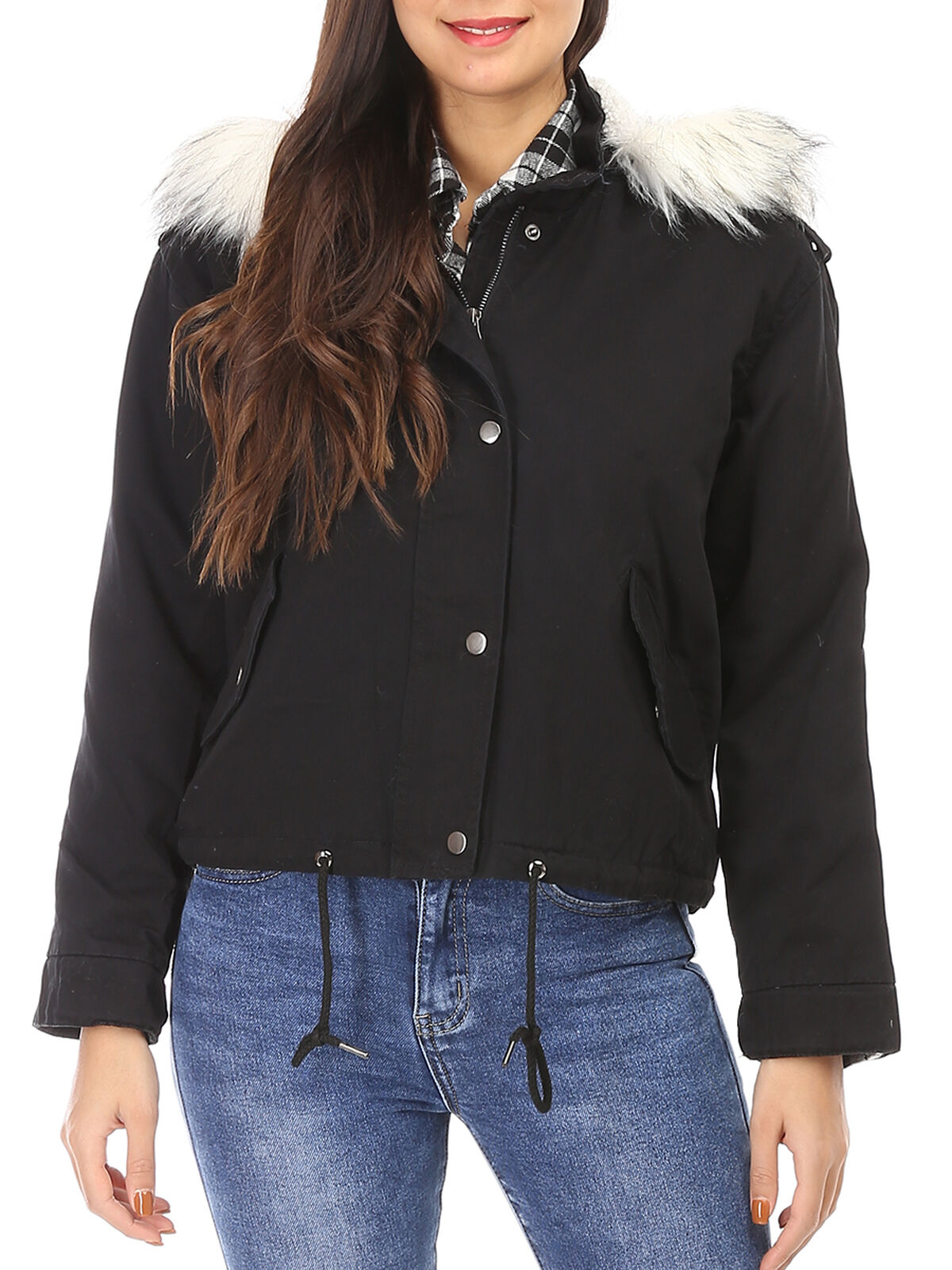 Parka courte fourrée à capuche- Noir