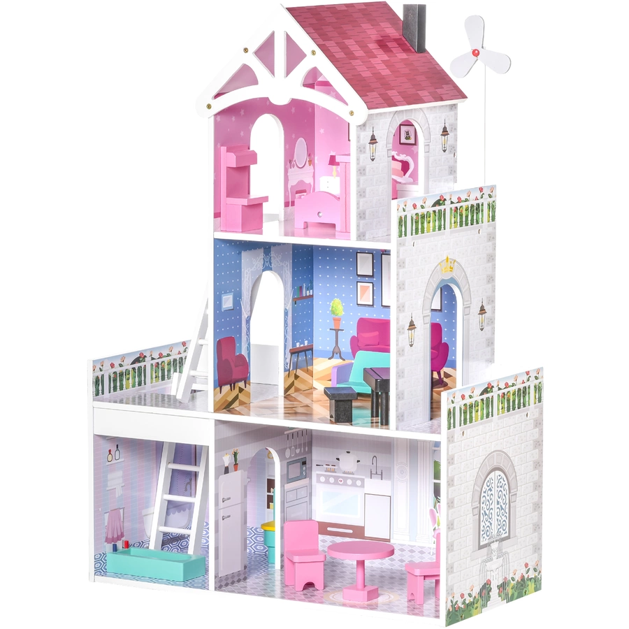 HOMCOM Kinder Puppenhaus mit 3 Etagen rosa