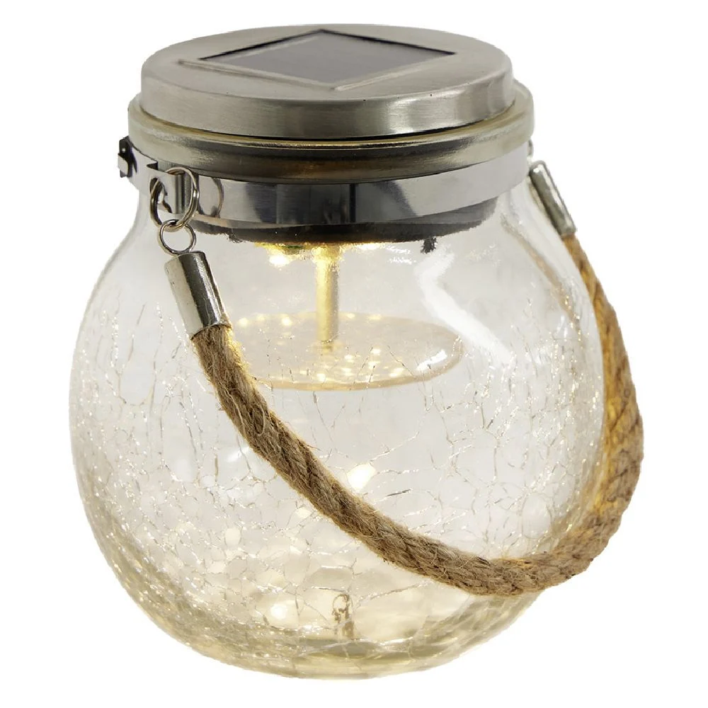 Lampe solaire boule verre craquelé anse corde à suspendre ou poser