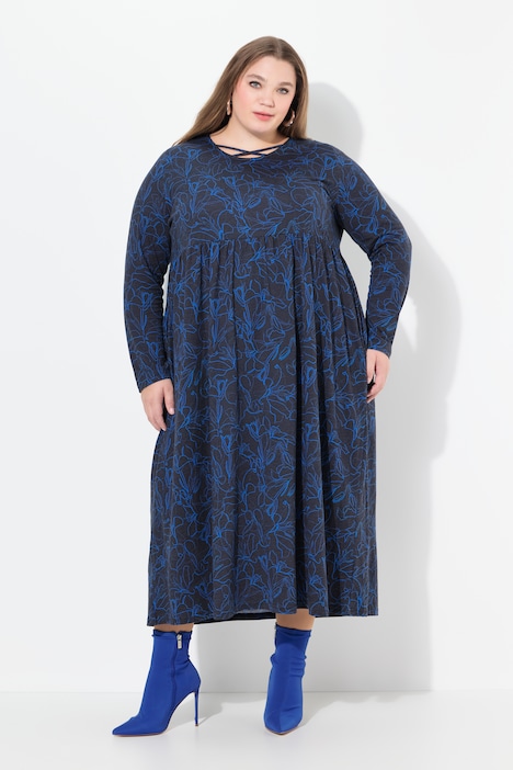 Jersey-Midikleid, A-Linie, Zierbänder, Rundhals, Langarm