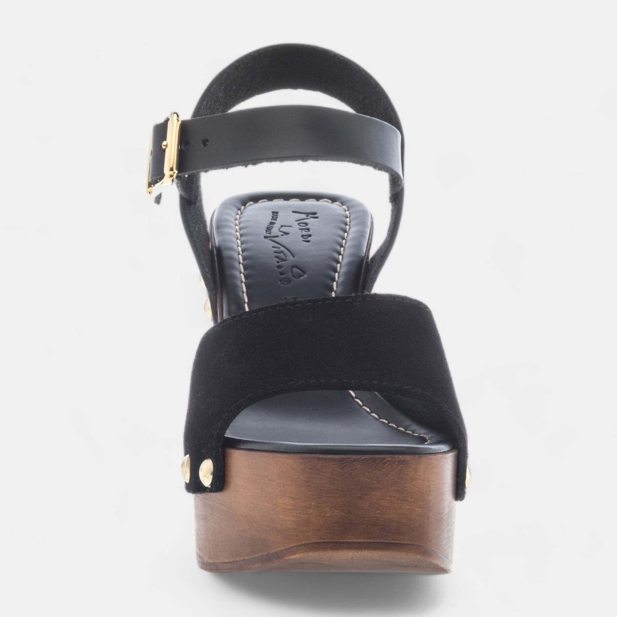 Chaussures semelle bois à talon Femme en cuir noir