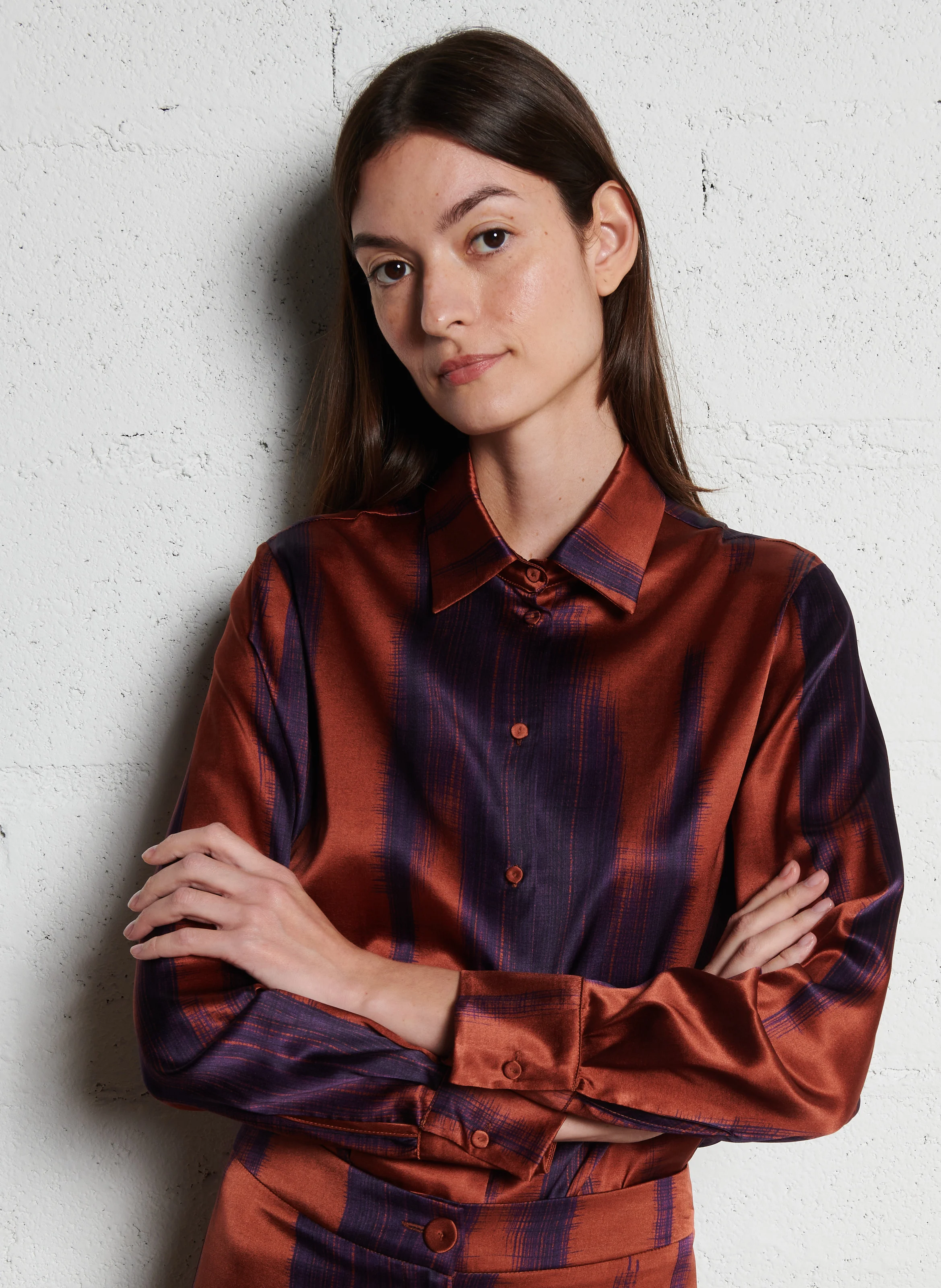 SIMON - Chemise droite col classique imprimée en soie mélangée | Orange