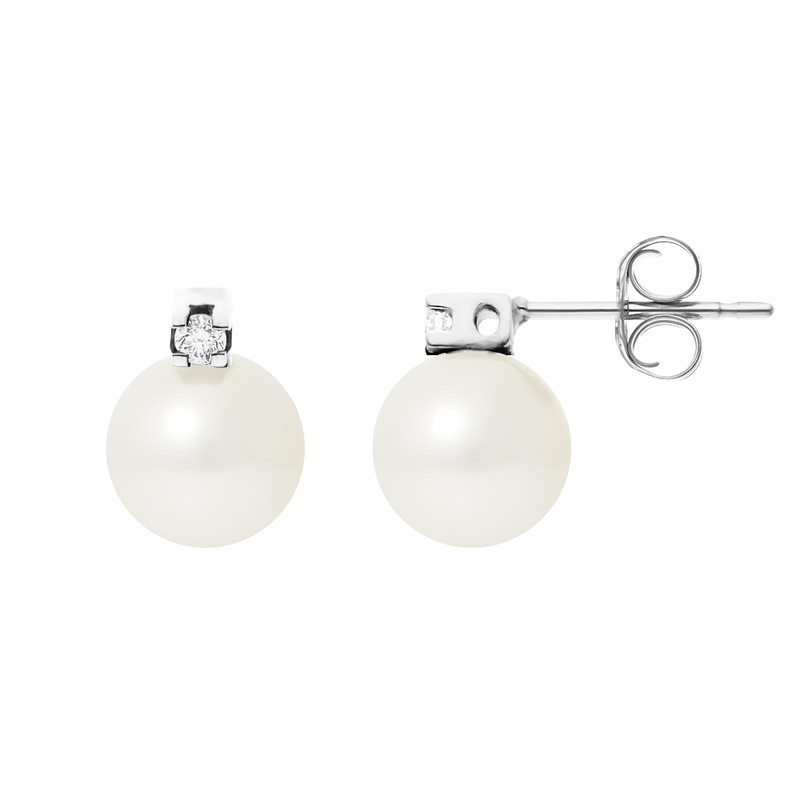 Boucles d'Oreilles Perles de Culture Blanches, Diamants et Or Blanc 750/1000