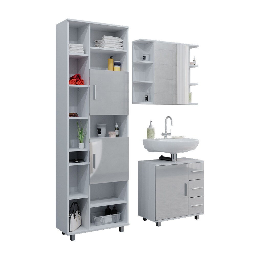 Vicco Badmöbelset Ilias Weiß Hochglanz modern Badezimmer Schrank Badschrank Waschtischunterschrank Spiegelschrank Hochschrank Schranktür Schrankschublade Schrankfach Ablage Aufbewahrung