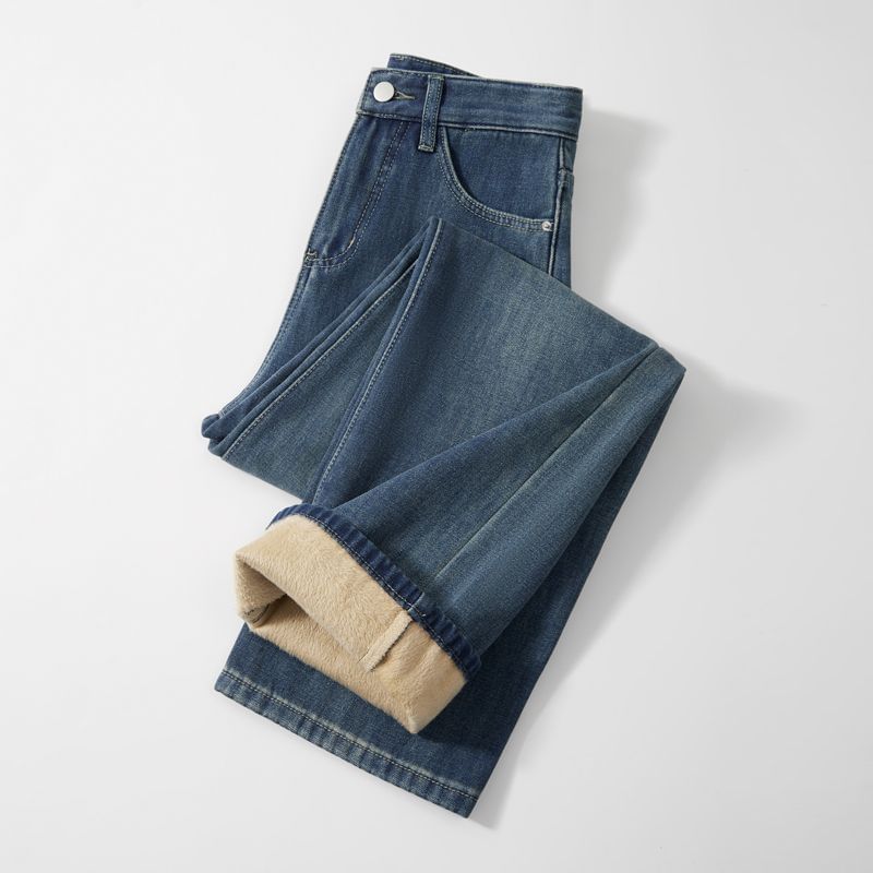Denimot - Hoge taille fleece gevoerde gewassen rechte jeans (verschillende designs)