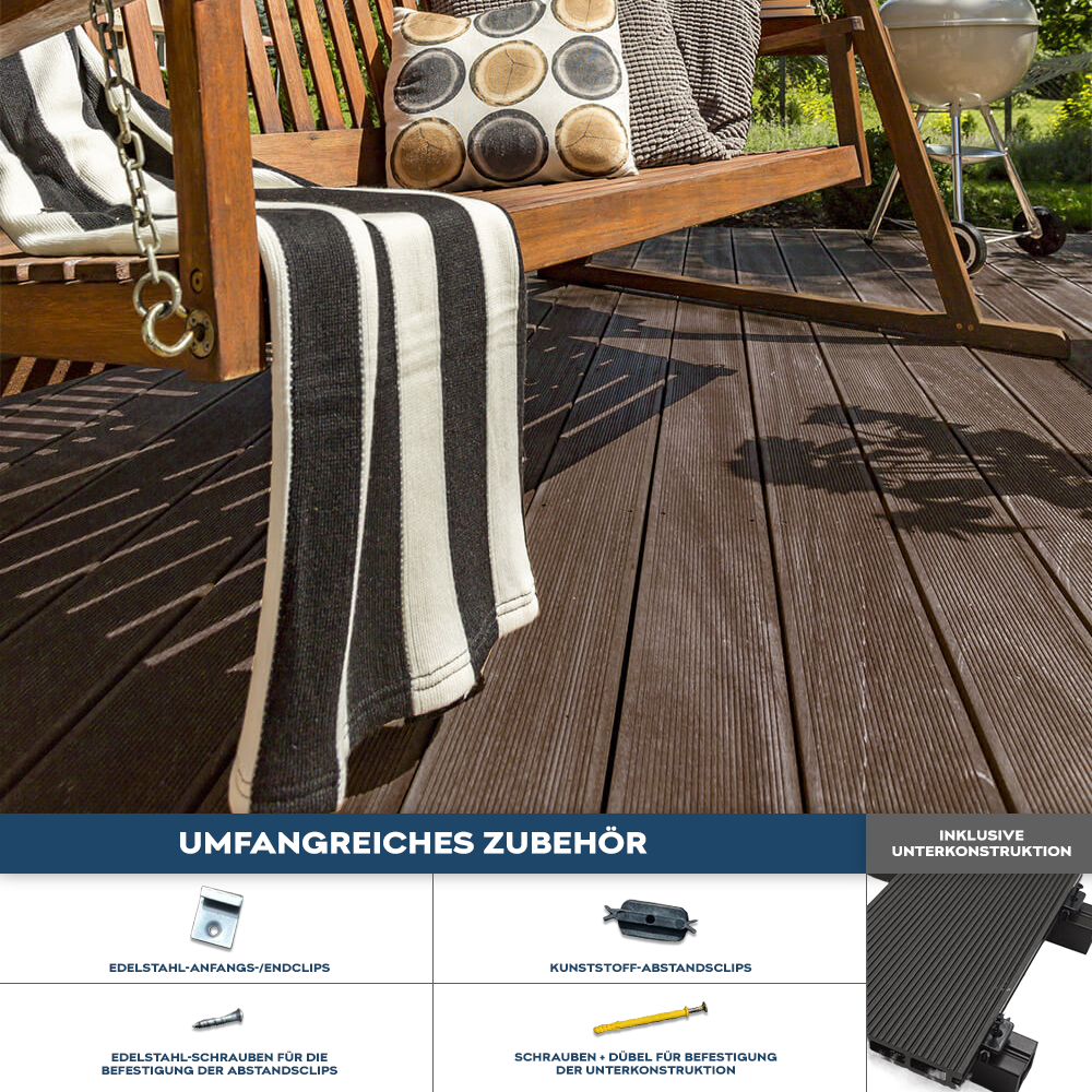 Home Deluxe - WPC vlonderplanken SAMANA - Donkerbruin, 24m² - Incl. onderbouw en complete toebehoren | Terrasvloeren, zwembadranden, balkonvloeren