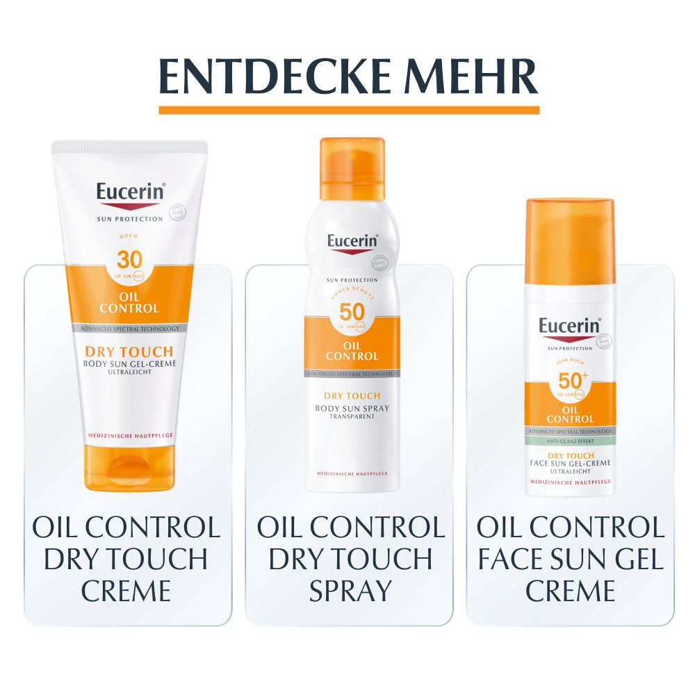 Eucerin® Oil Control Body Sun Dry Touch Gel-Creme LSF 50+ – sehr hoher Sonnenschutz mit ultra leichter Textur, Anti-Sand Effekt und Anti-Glanz Effekt