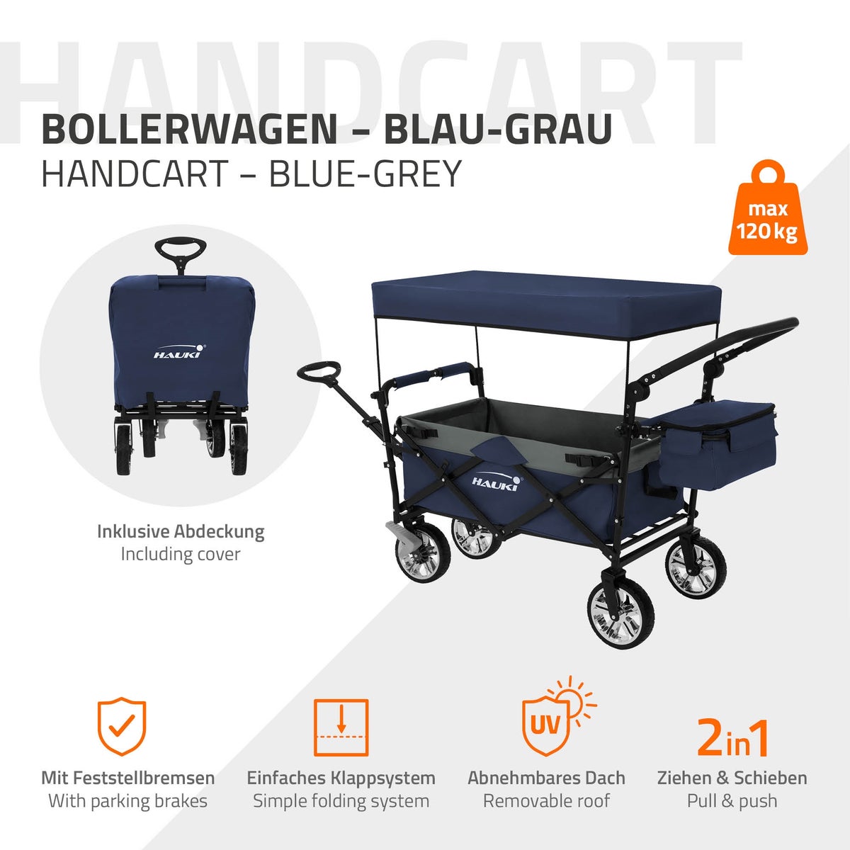Hauki XXL opvouwbare bolderkar met luifel en tas, blauwgrijs, opvouwbare bolderkar voor duwen en trekken, transportkar voor kinderen, 360° draaibare voorwielen, PU-wielen met remmen, draagvermogen 120 kg