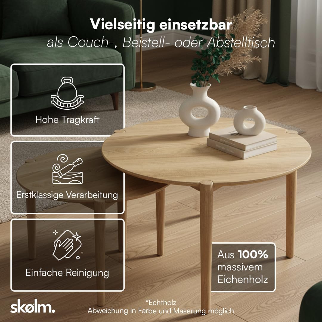 skølm Åsarna Couchtisch 2er Set – Wohnzimmertisch rund Eiche Massivholz – Sofatisch Holz Ø 70 & 55 cm mit 3 Beinen – Kleiner Beistelltisch – Holztisch Wohnzimmer – Coffee Table – Moderner Kaffeetisch