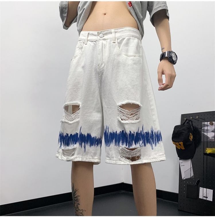 Hushgrain - Mid Rise Print Distressed Washed Denim Shorts