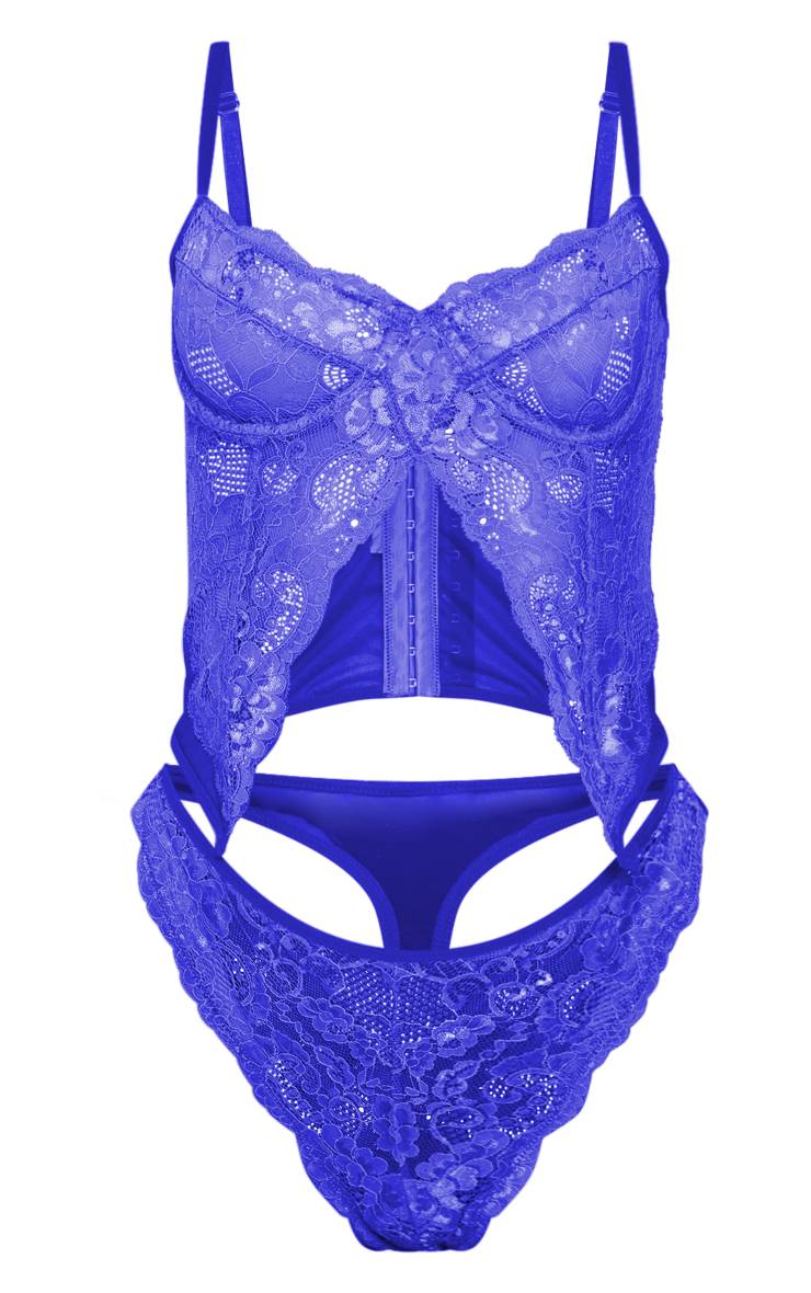 Bleu Cobalt Ensemble De Lingerie Corset En Dentelle À Détail Fendu Sur Le Devant
