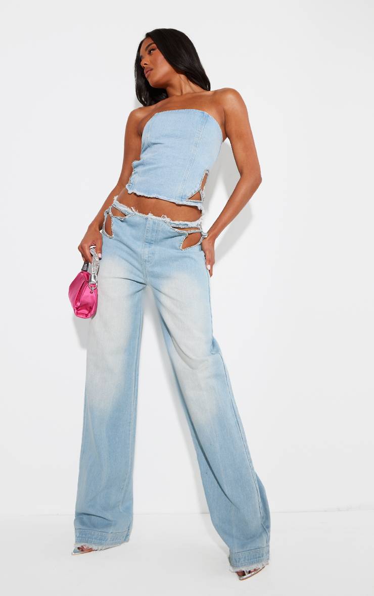 Light Blue Wash Top Corset En Jean Détail Strass Taille Effilochée