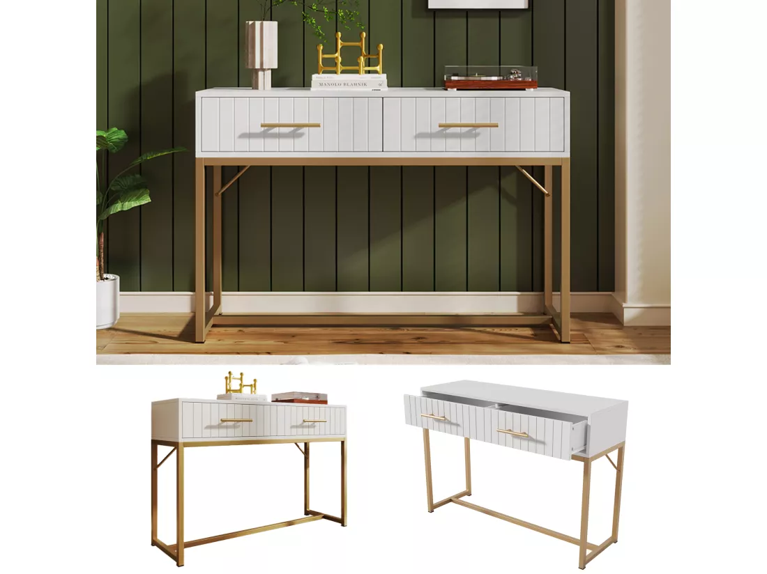 Coiffeuse Moderne avec 2 tiroirs, 75 cm, Commode pour Chambre à coucher, Meuble blanc avec Pieds en Métal, Haut de gamme - H75/B100/T45 cm