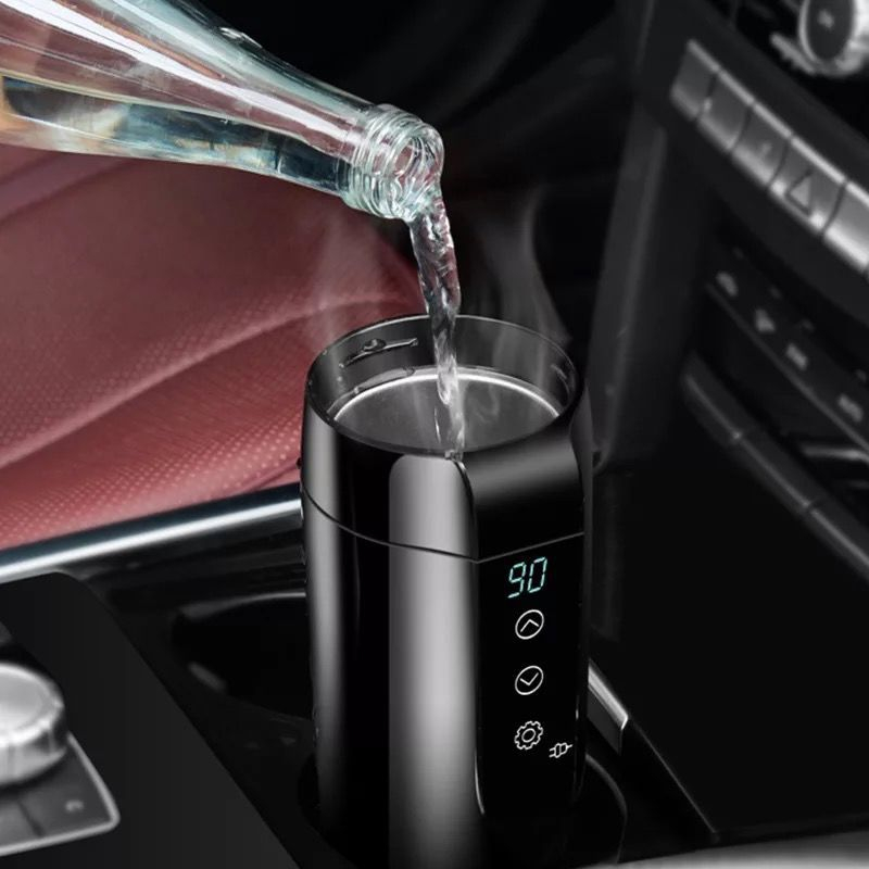 (350ml) 12V Elektrischer Edelstahl Auto Wasserkocher KFZ Reise Heizbecher mit Überlaufschutz 25~90°C - Schwarz