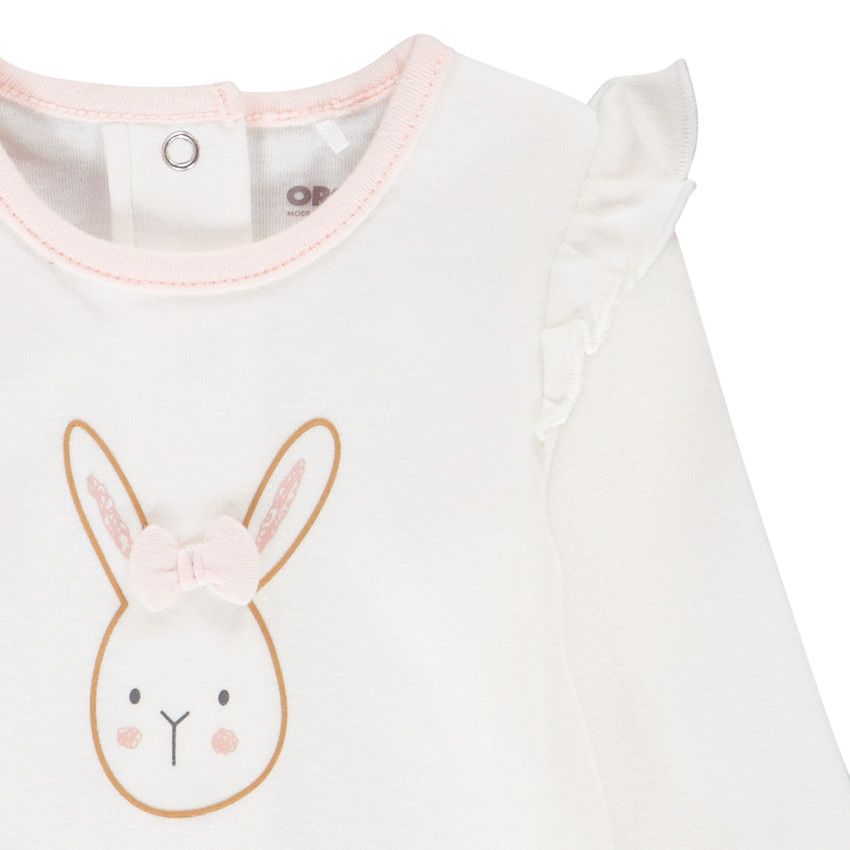 Body manches longues et épaules volantées en interlock print lapin pour bébé fille - Ecru