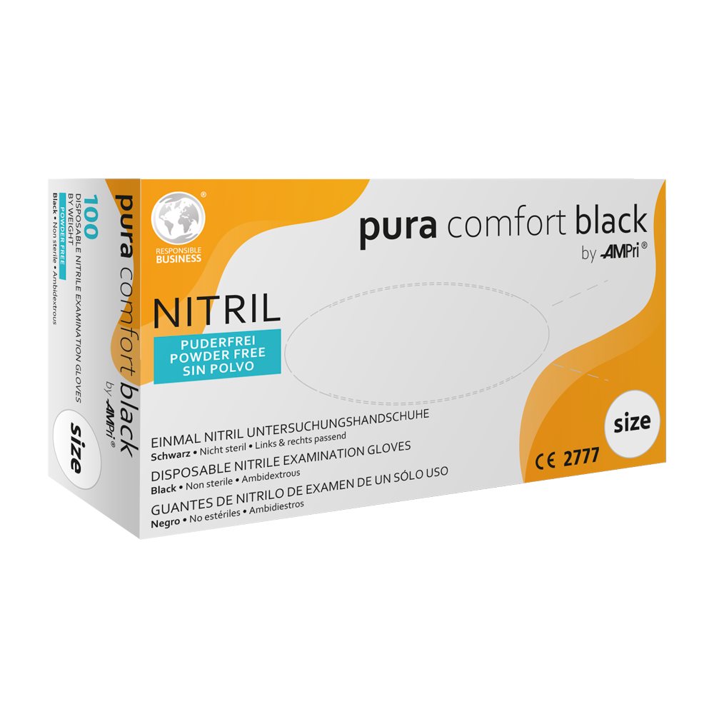 Ampri Nitril Einweg Handschuhe Pura Comfort<br>100 Stück, Box, S, latexfrei schwarz