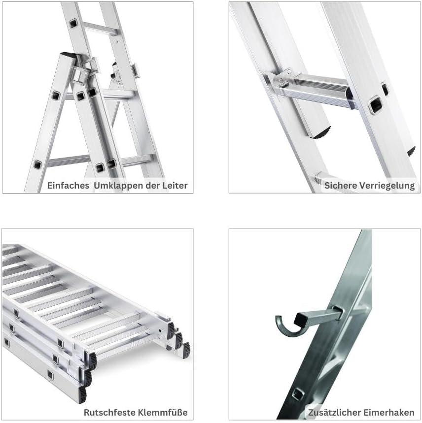 PROREGAL Economy Basic 3-delige multifunctionele ladder met dwarsbalk, 3 x 10 sporten, werkhoogte 5,72 m, draagvermogen 150 kg