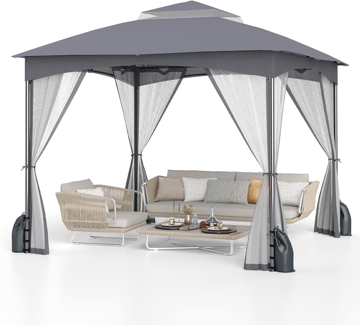 COSTWAY Pavillon 3 x 3 m, Gartenpavillon mit 4 Sandsäcken & 4 Moskitonetz & Doppeldach, Wasserdicht & Stabil & Winterfest, Gartenzelt inkl. Haken, Partyzelt für Terrasse Garten (Grau)