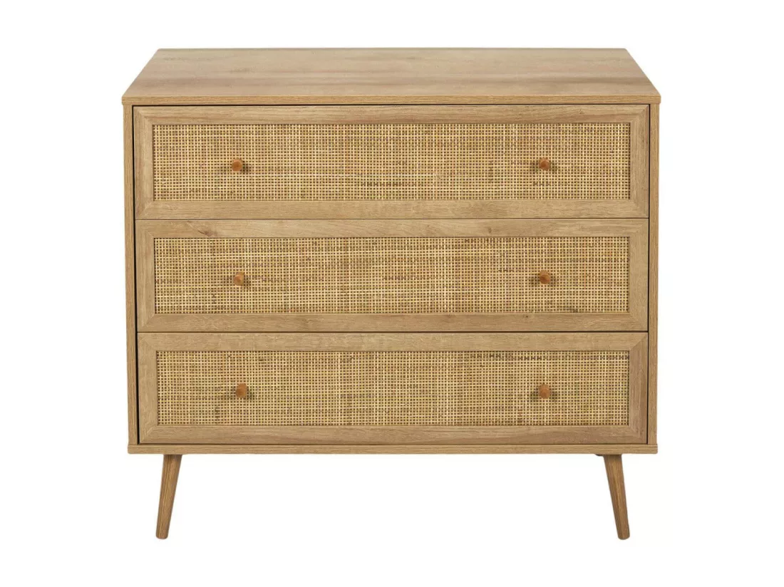 MAYA - Commode 3 Tiroirs Effet Bois et Façades Rotin