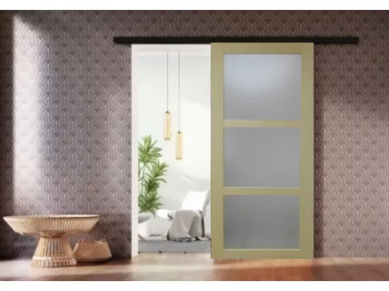 Porte Coulissante Bois Ayous Vitrée H204 X L83 + Rail Alu Bandeau Noir Et 2 Coquilles Noir Gd Menuiseries