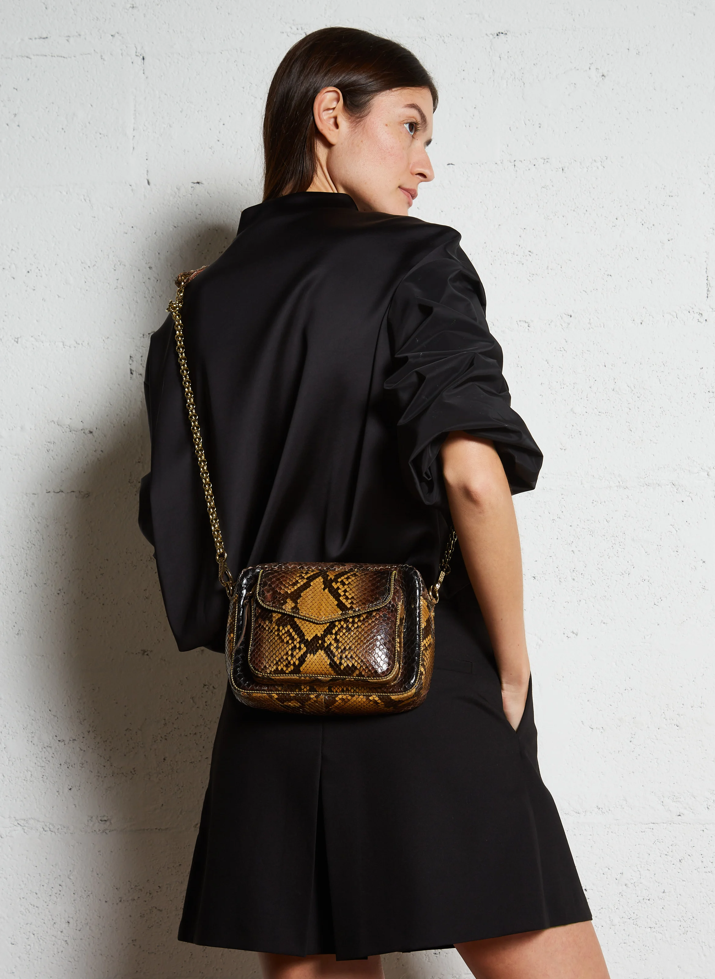 CHARLY - Sac porté croisé en cuir python | Marron