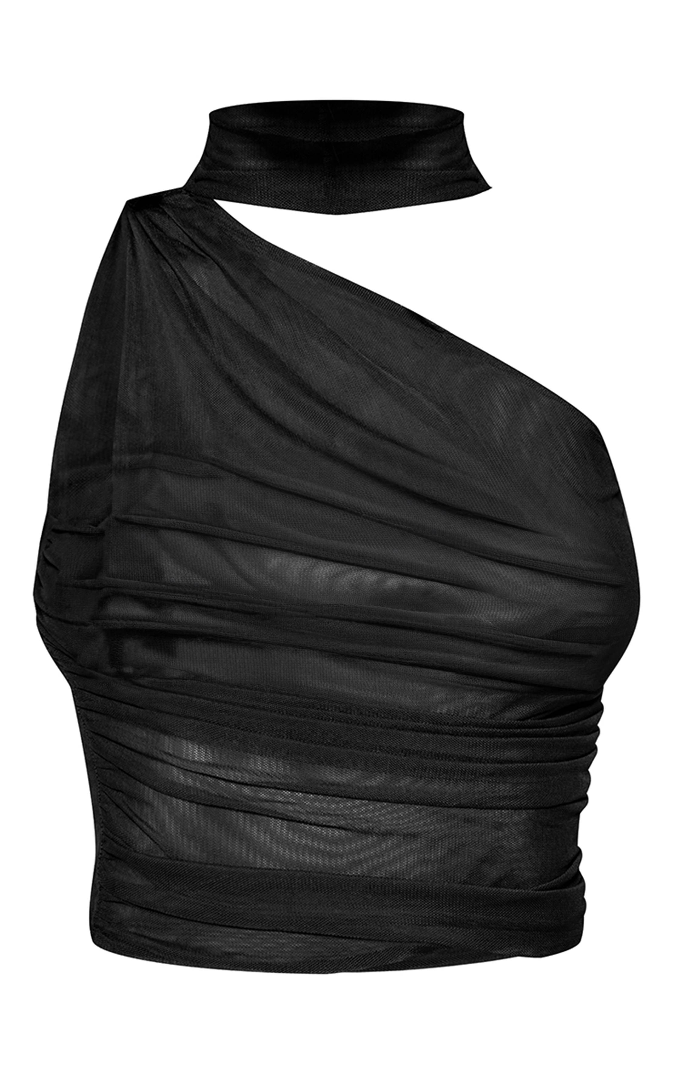 Noir Haut En Mesh Double Couche Asymétrique Avec Détails Froncés