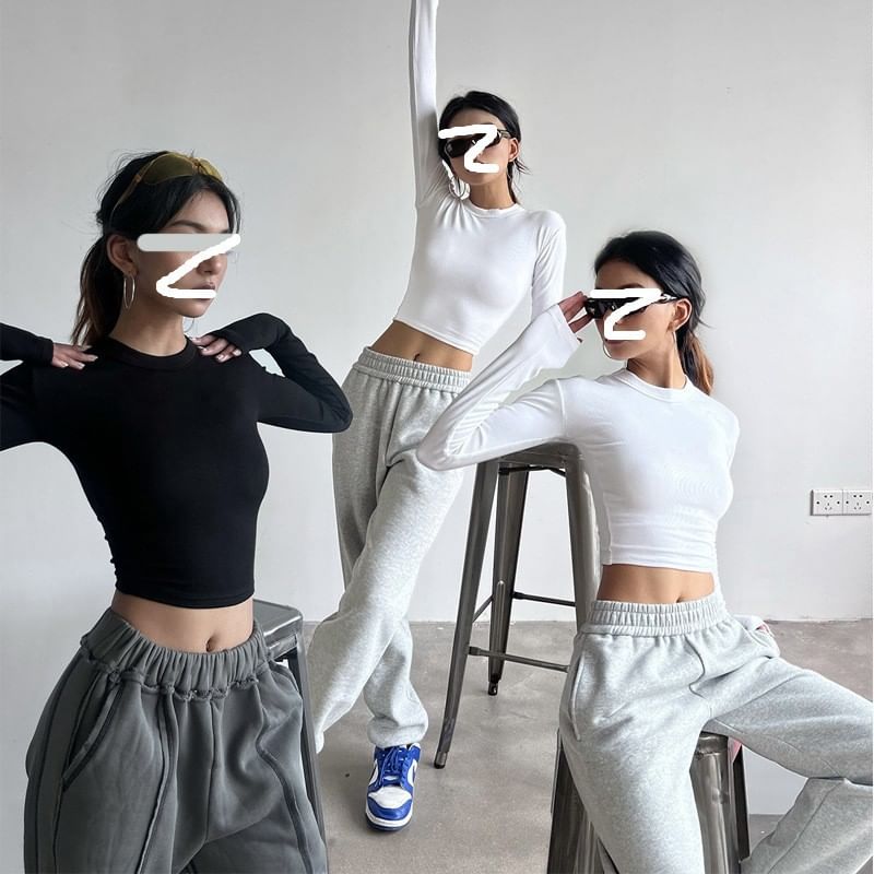 Hopsi - Lange mouwen mockneck / ronde hals effen cropped T-shirt