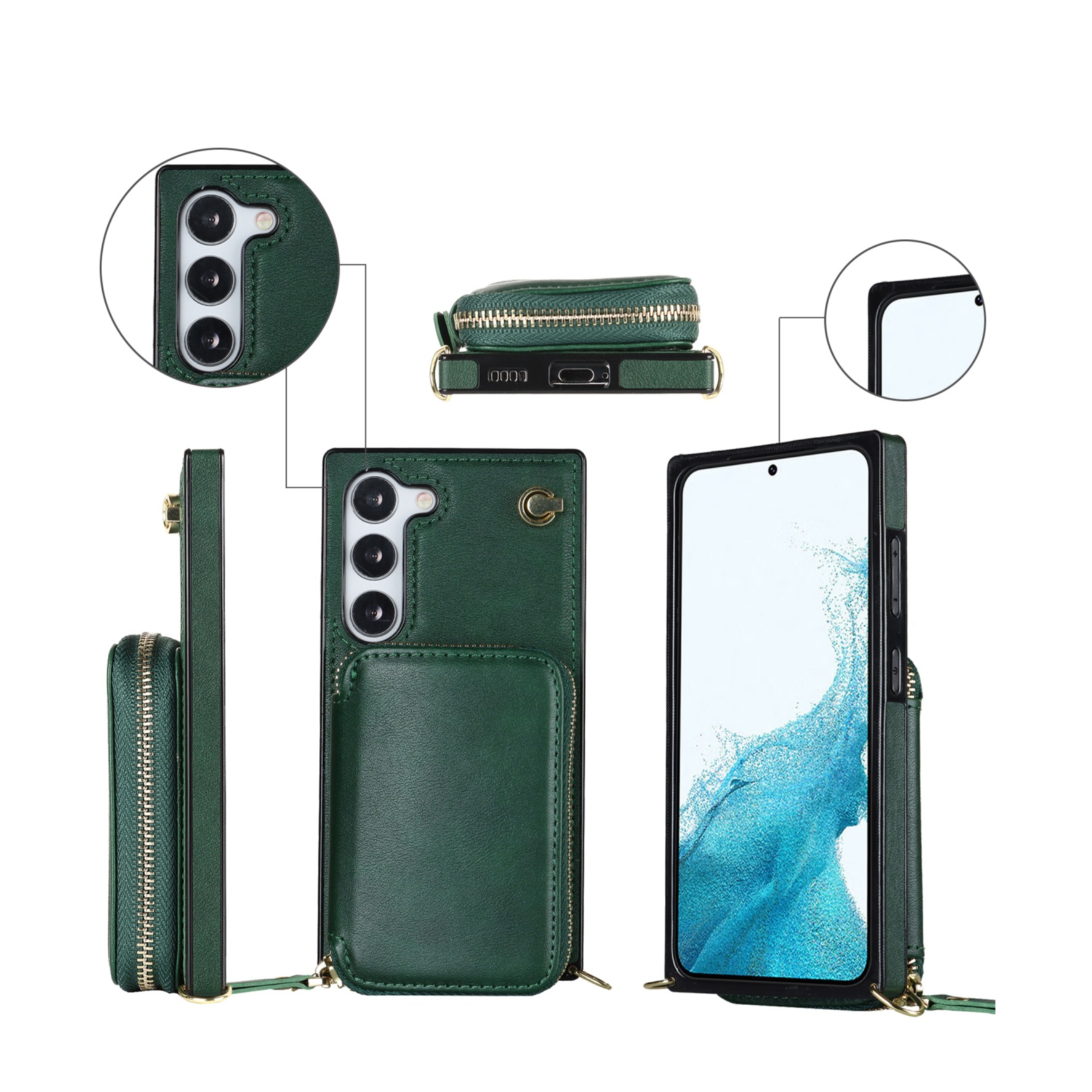 Samsung Galaxy S23 5G Necklace Leder Schutz Hülle mit Kartenfächer   Handykette (140cm) - Dunkelgrün