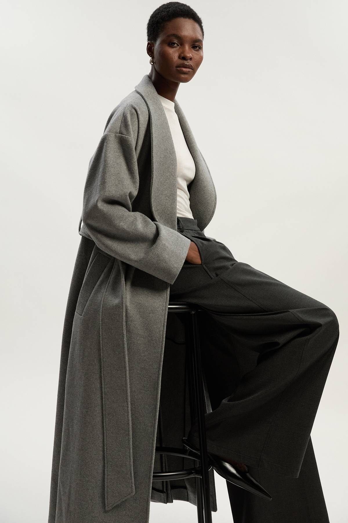 KarenMillen Manteau Long Ceinturé en Laine Brossée Coupe Ajustée