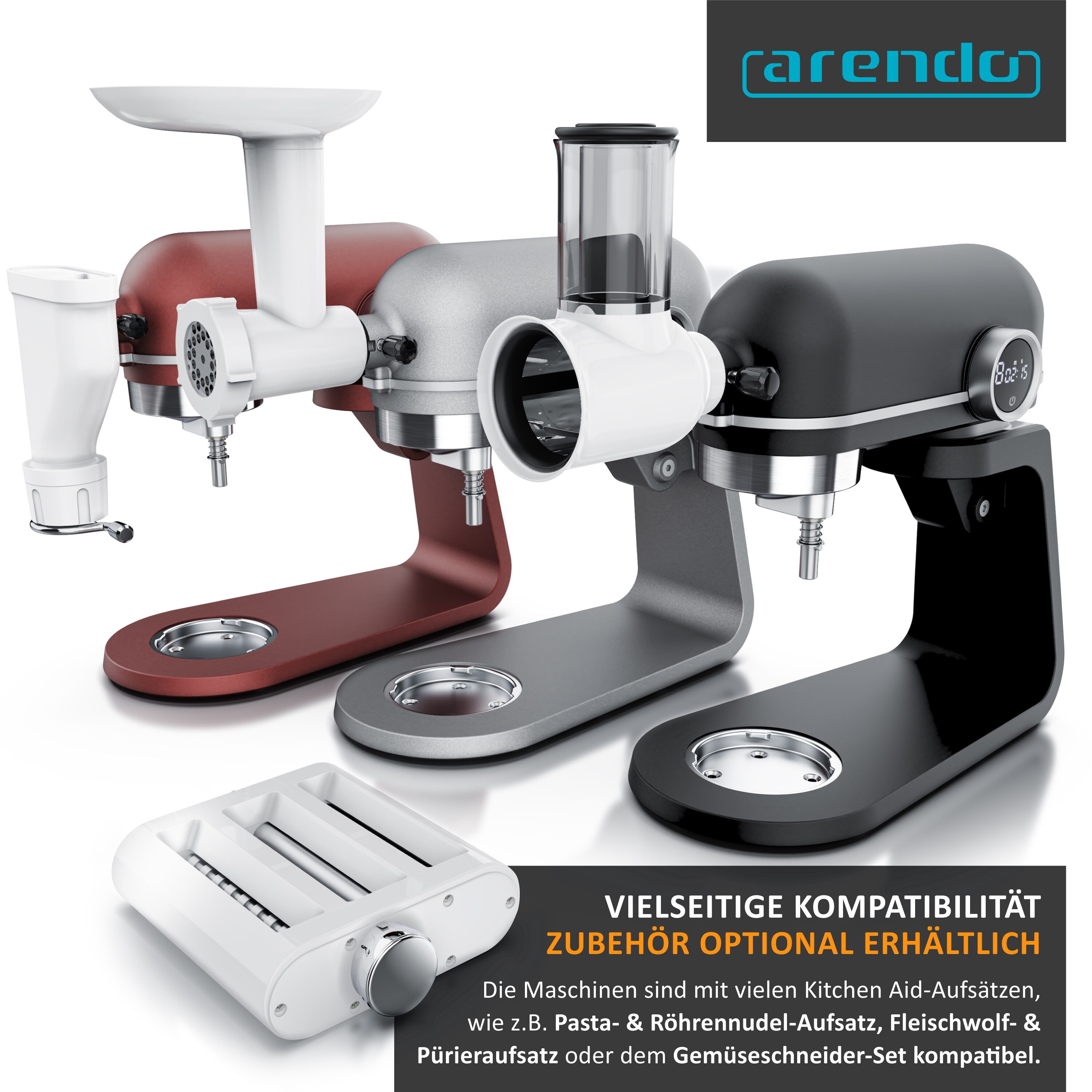 Arendo 800 Watt Rührmaschine, Küchenmaschine, 5 L Knetmaschine, 8 Geschwindigkeiten, Silber