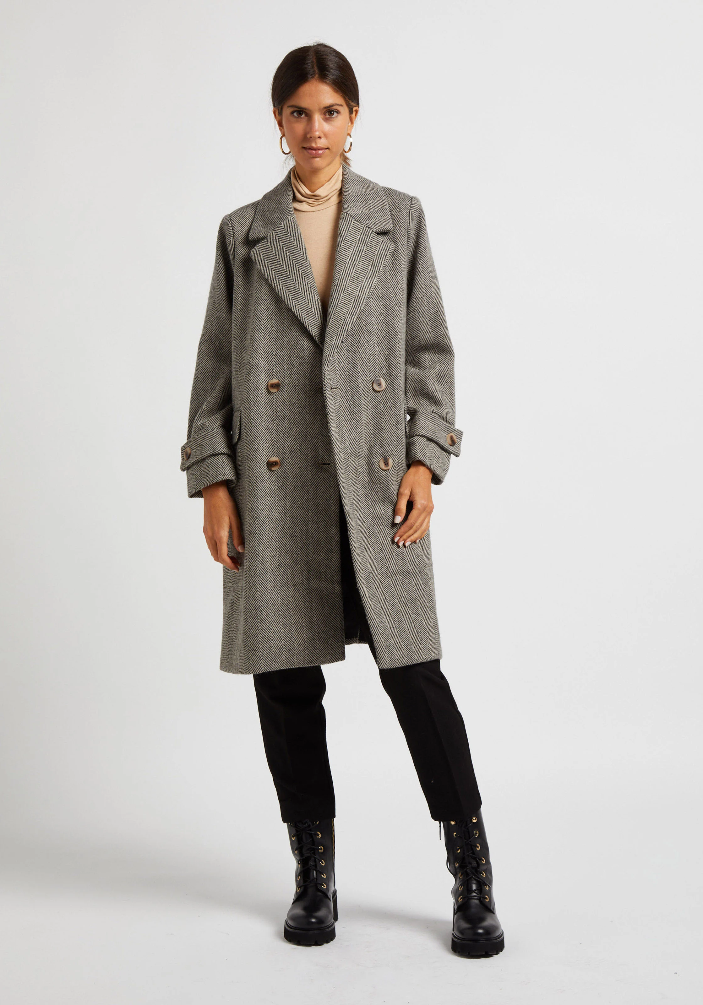 HYNDA - Manteau long col tailleur à imprimé chevron | Beige