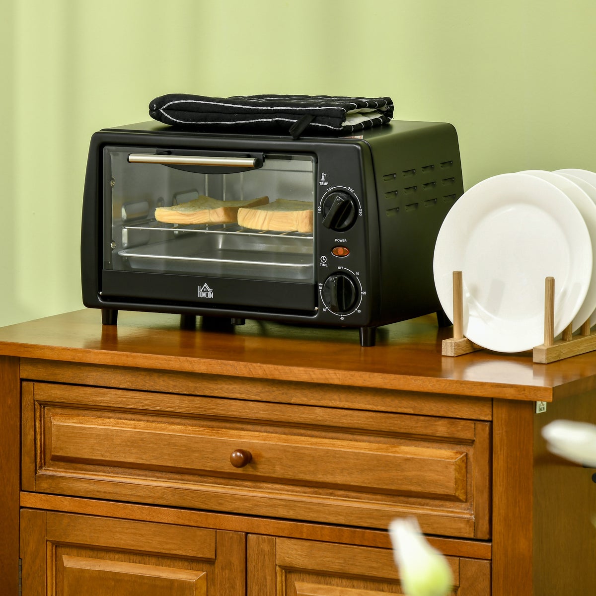 HOMCOM Mini Oven, 10 Liter, 750W, met temperatuur tot 230 ℃, 60 minuten timer, 36,5x26x22 cm, metaal, zwart