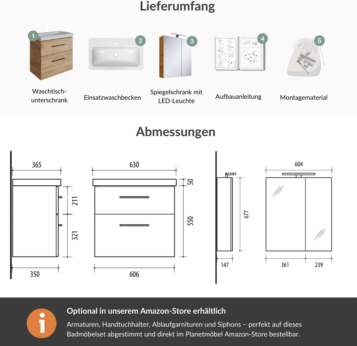 Planetmöbel Badmöbel Set Waschtisch mit Unterschrank 63 x 60 x 36,5 cm, Spiegelschrank 60 cm mit LED-Leuchte (schwarz matt) & Steckdose, Moderne Badezimmer Möbel, Gold Eiche