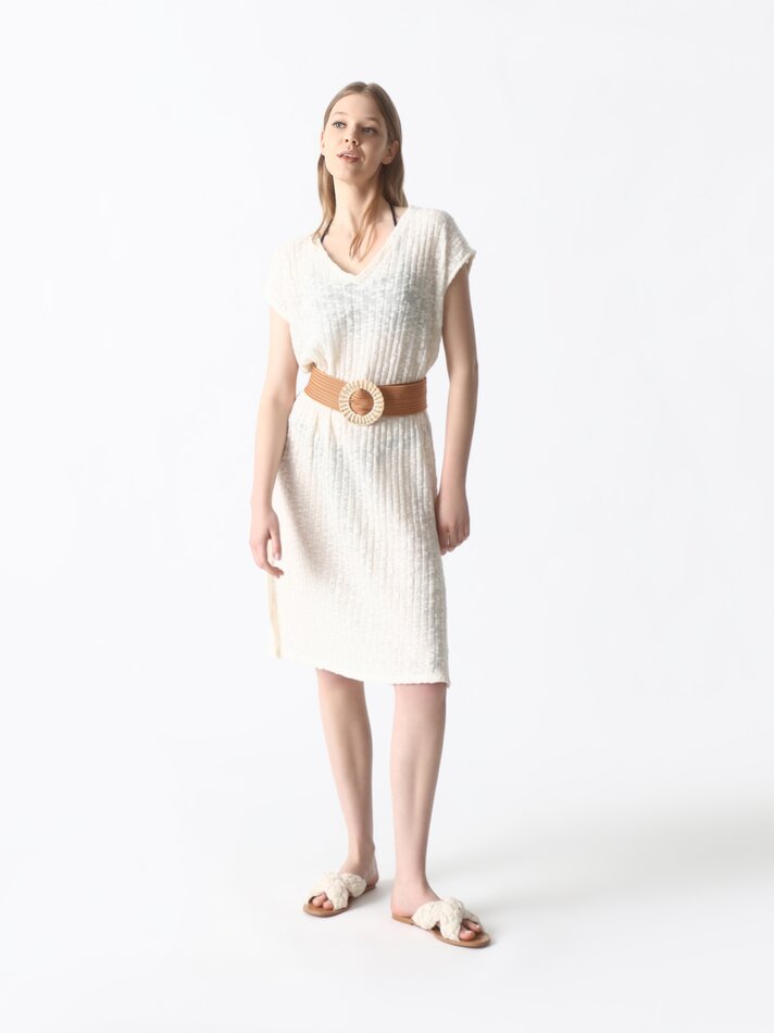 Vestido midi rústico - Branco-creme