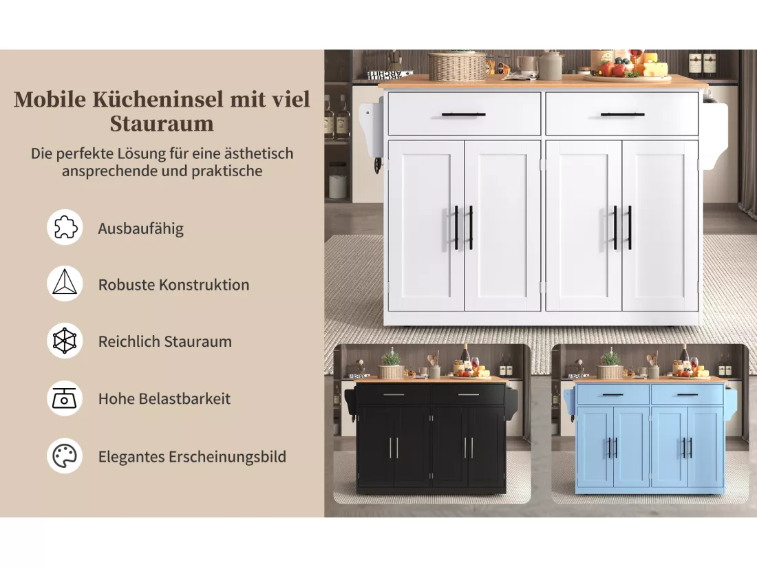 Ilot central de cuisine mobile avec 4 portes et 2 tiroirs - Plateau extensible - 120x46(70)x91 cm - Bois MDF - Bleu et naturel