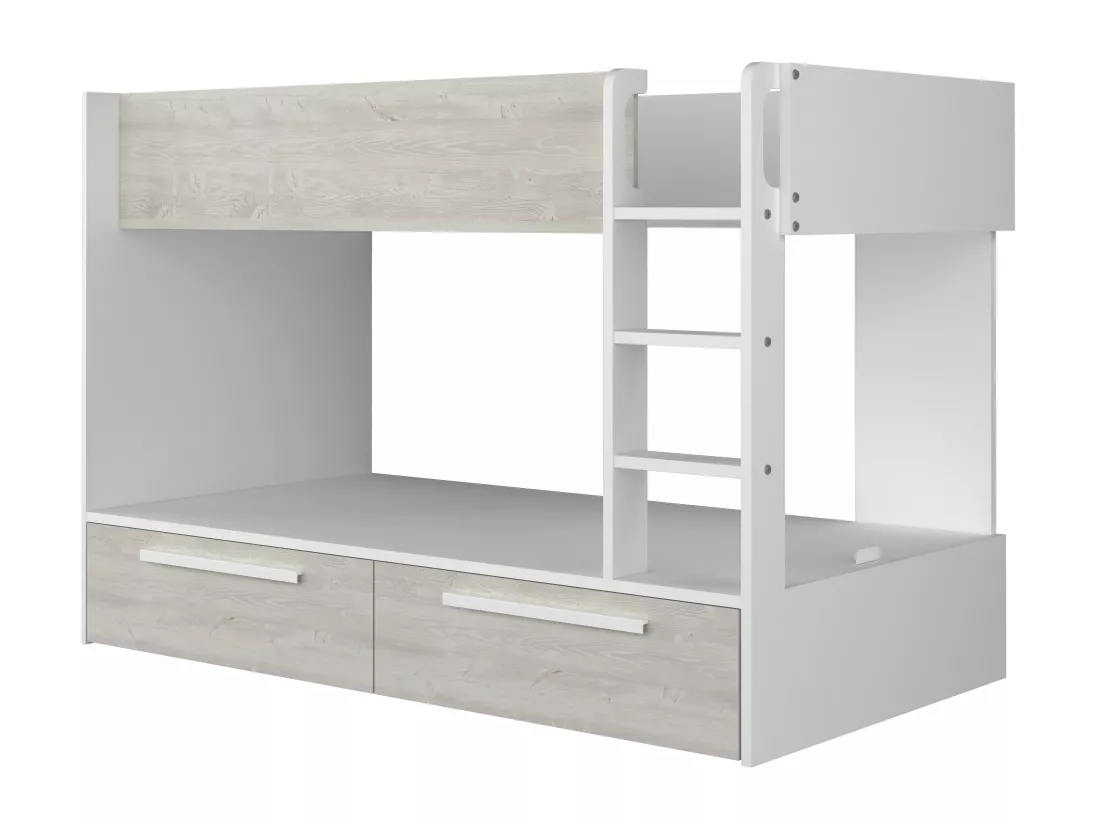 Lits superposés 2 x 90 x 200 cm - 2 tiroirs - Blanc et naturel - TINOLI